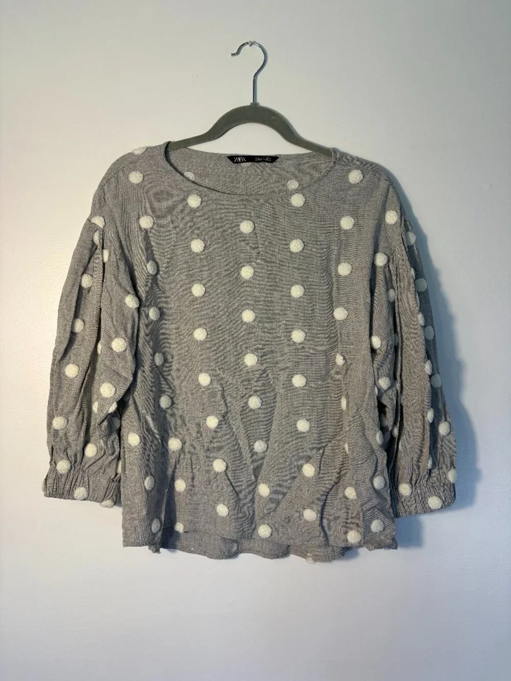 Zara Gray White Puff Polka Dot Balloon Sleeve Blouse